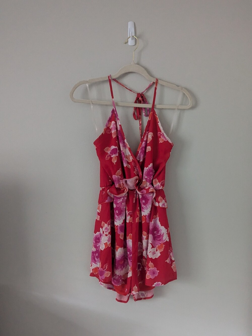 Pink Lily Red Pink Floral Backless Romper SZ L